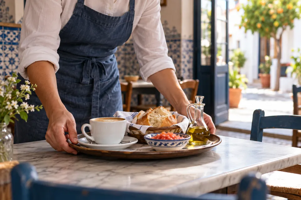 Bandeja con café, pan, tomate y aceite servida en una mesa de mármol (imagen ilustrativa)