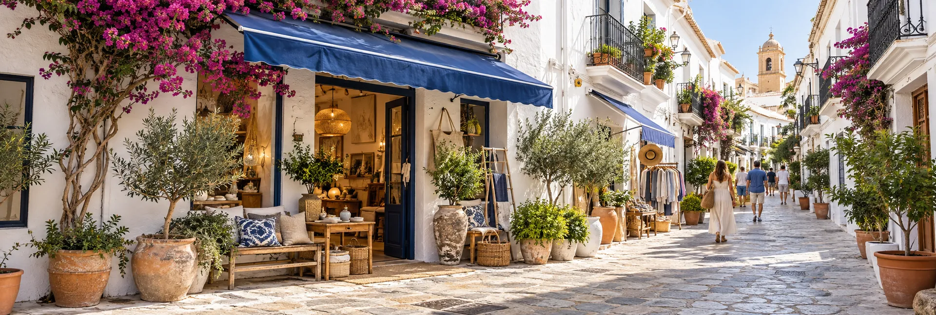 Calle encalada con tiendas, toldos azules, buganvillas y un campanario al fondo (imagen ilustrativa)